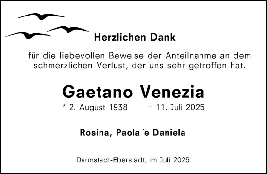 Traueranzeige von Gaetano Venezia von Darmstädter Echo