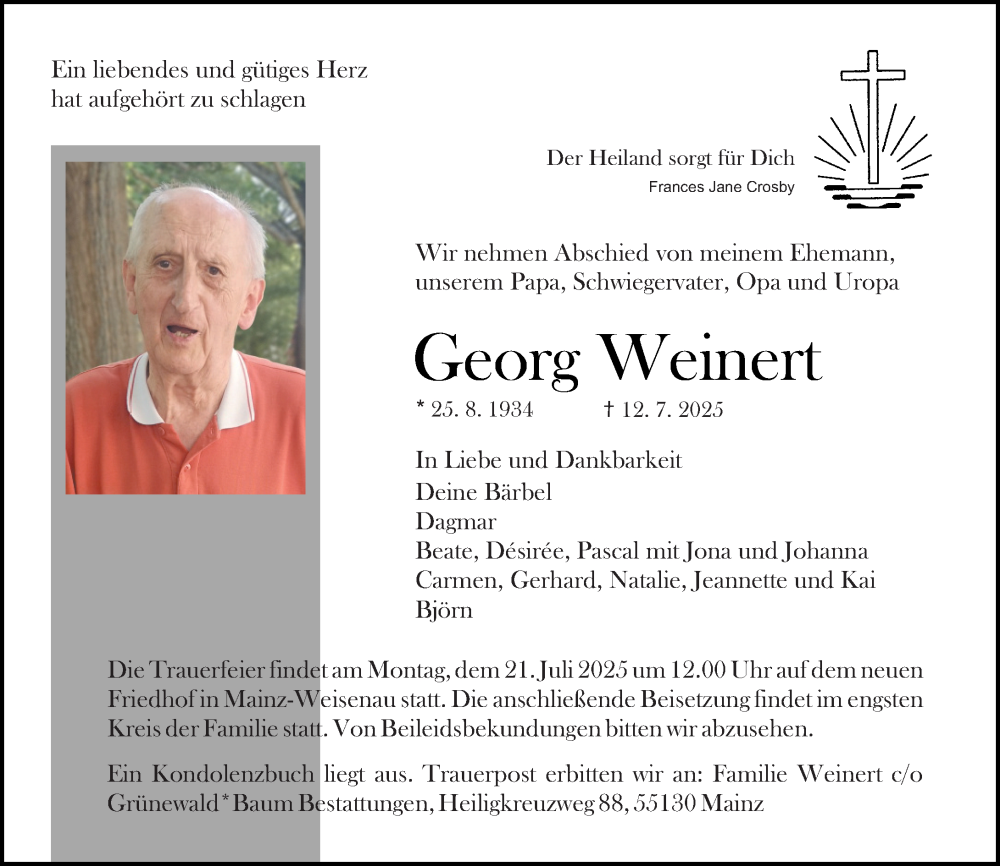  Traueranzeige für Georg Weinert vom 19.07.2025 aus Allgemeine Zeitung Mainz
