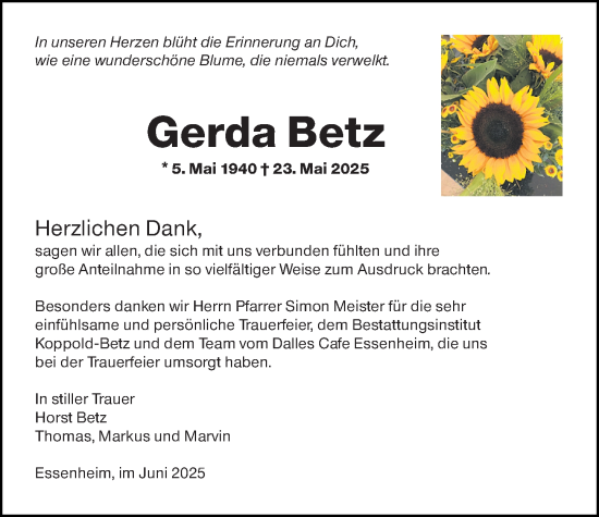 Traueranzeige von Gerda Betz von Allgemeine Zeitung Mainz