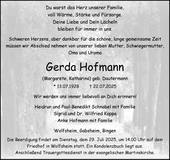 Traueranzeige von Gerda Hofmann von Allgemeine Zeitung Rheinhessen-Nahe