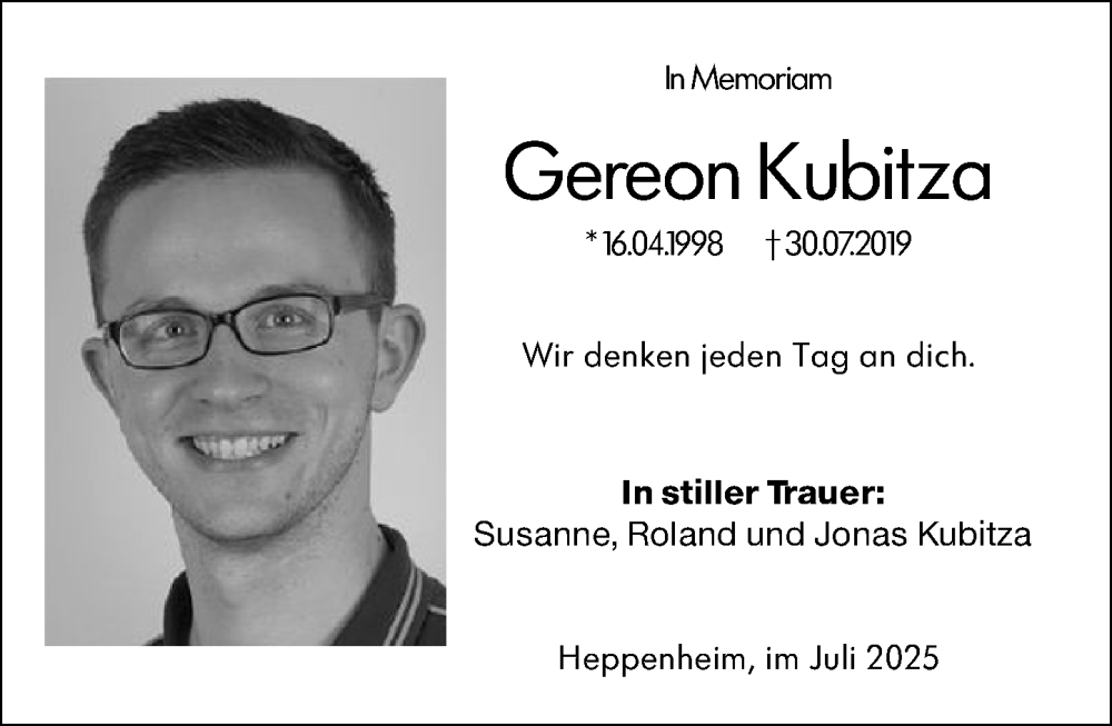  Traueranzeige für Gereon Kubitza vom 26.07.2025 aus Starkenburger Echo