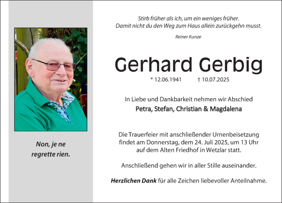 Traueranzeige von Gerhard Gerbig von Wetzlarer Neue Zeitung