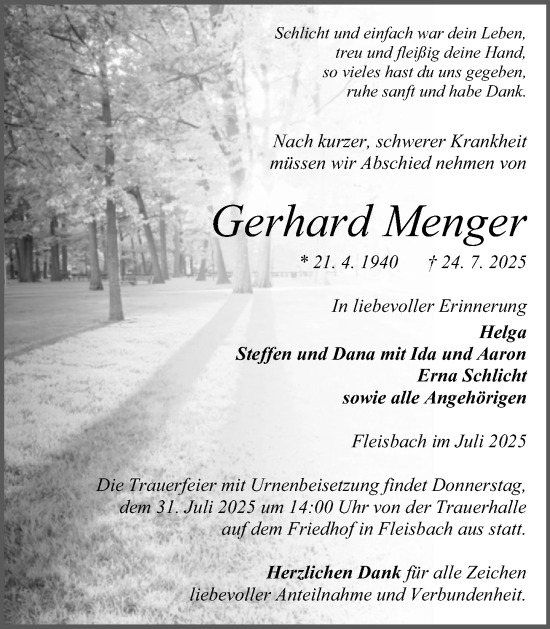 Traueranzeige von Gerhard Menger von Dill Block