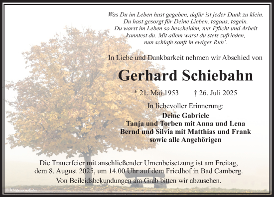 Traueranzeige von Gerhard Schiebahn von Camberger Anzeiger