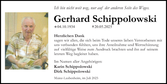 Traueranzeige von Gerhard Schippolowski von Allgemeine Zeitung Mainz