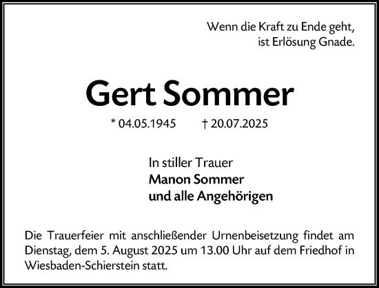 Traueranzeige von Gert Sommer von Wiesbadener Kurier