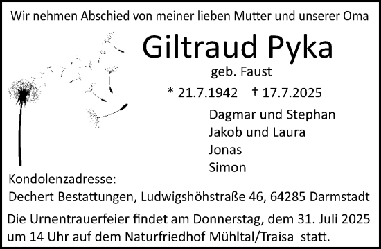 Traueranzeige von Giltraud Pyka von Darmstädter Echo