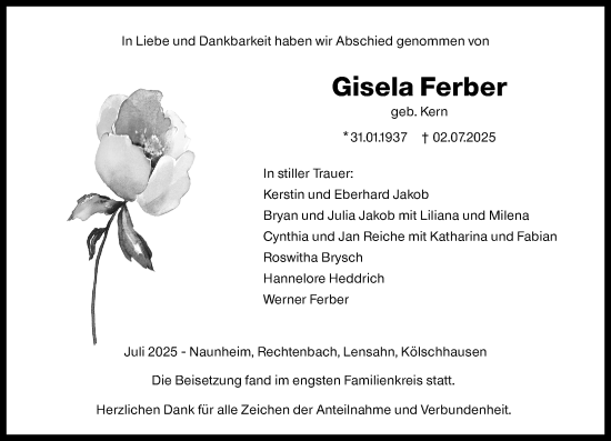 Traueranzeige von Gisela Ferber von Wetzlarer Neue Zeitung