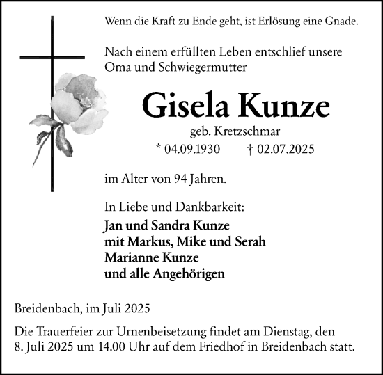 Traueranzeige von Gisela Kunze von Hinterländer Anzeiger