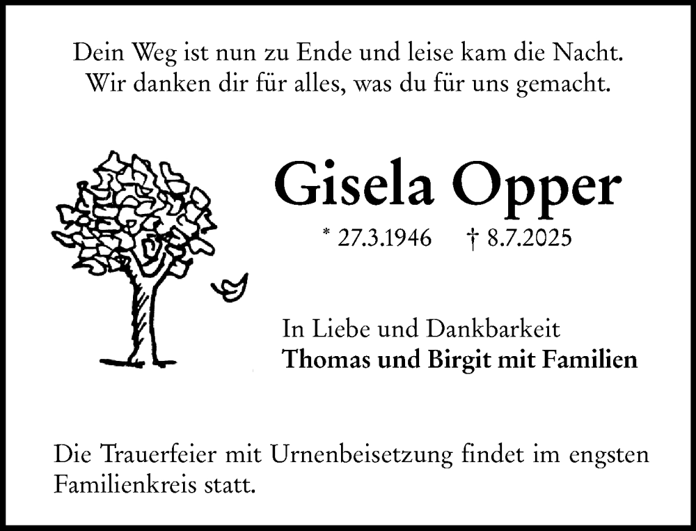  Traueranzeige für Gisela Opper vom 19.07.2025 aus Darmstädter Echo
