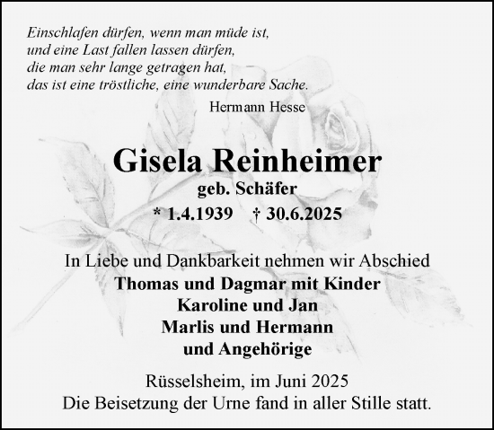 Traueranzeige von Gisela Reinheimer von Rüsselsheimer Echo