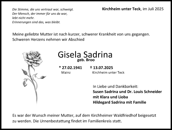 Traueranzeige von Gisela Sadrina von Allgemeine Zeitung Mainz
