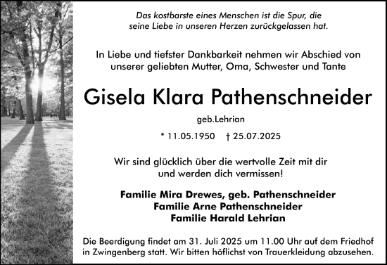 Traueranzeige von Gisela Klara Pathenschneider von Darmstädter Echo