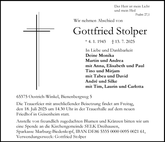Traueranzeige von Gottfried Stolper von Wiesbadener Kurier