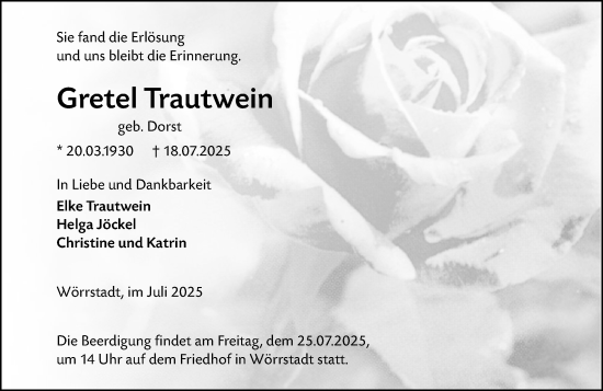 Traueranzeige von Gretel Trautwein von Allgemeine Zeitung Alzey
