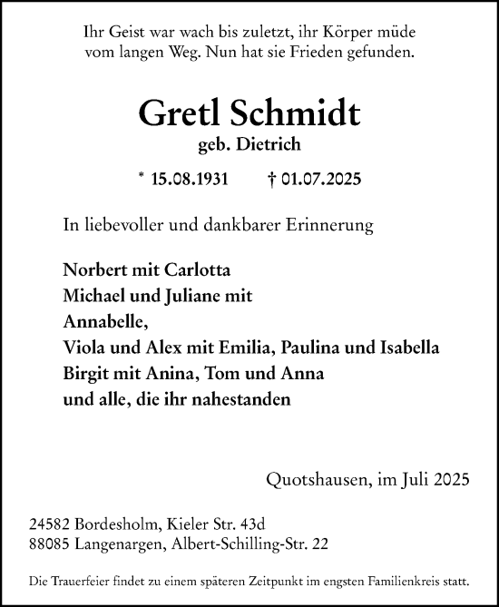 Traueranzeige von Gretl Schmidt von Hinterländer Anzeiger
