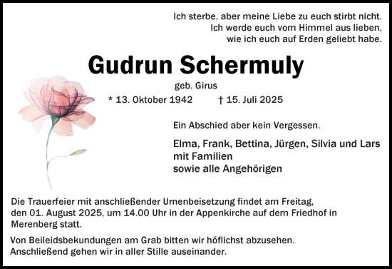 Traueranzeige von Gudrun Schermuly von Weilburger Tageblatt
