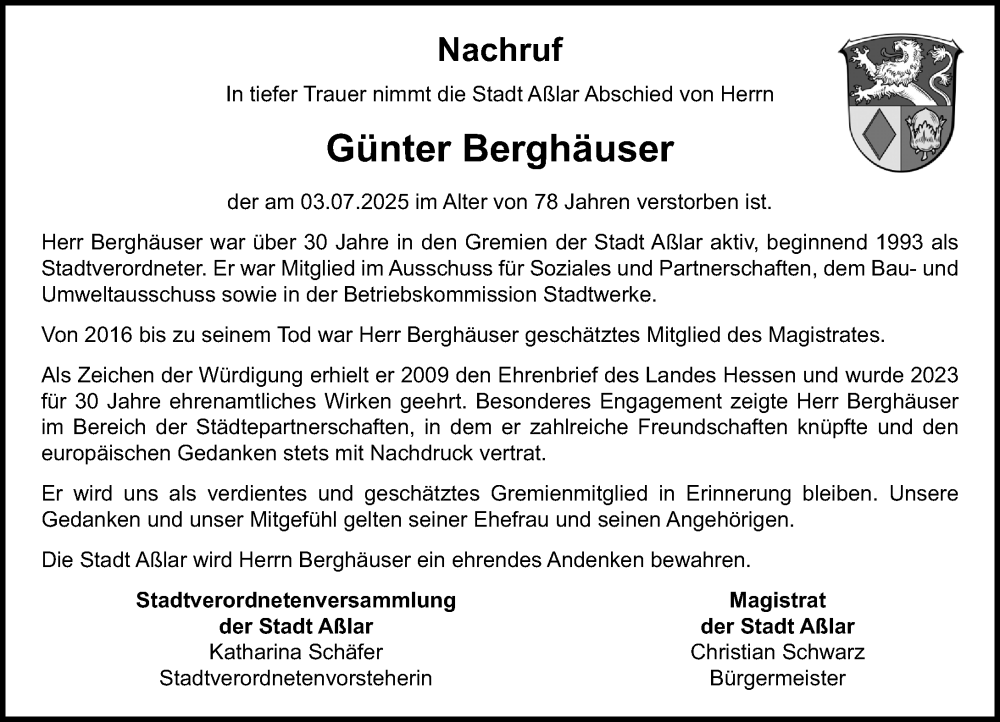  Traueranzeige für Günter Berghäuser vom 12.07.2025 aus Wetzlarer Neue Zeitung