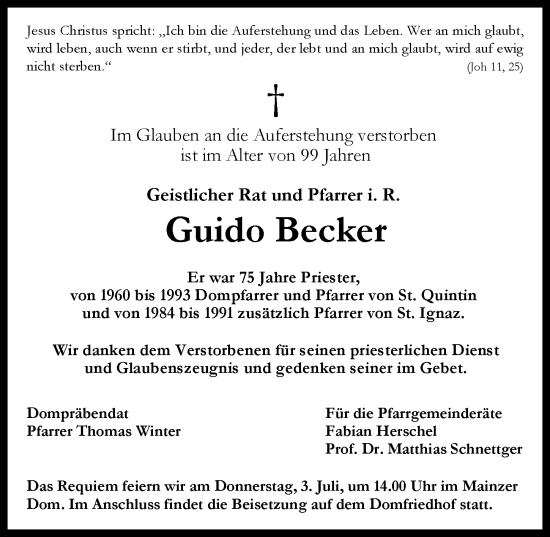 Traueranzeige von Guido Becker von Allgemeine Zeitung Mainz