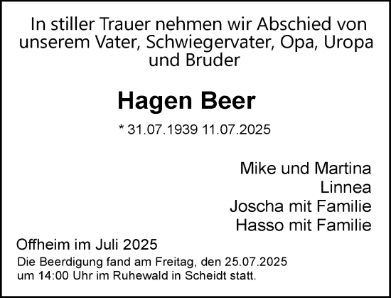 Traueranzeige von Hagen Beer von Nassauische Neue Presse