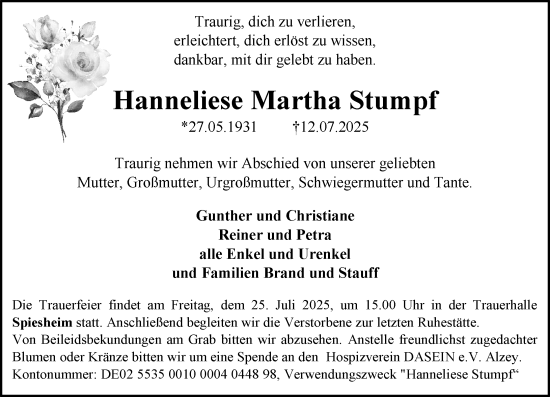 Traueranzeige von Hanneliese  Stumpf von Allgemeine Zeitung Alzey