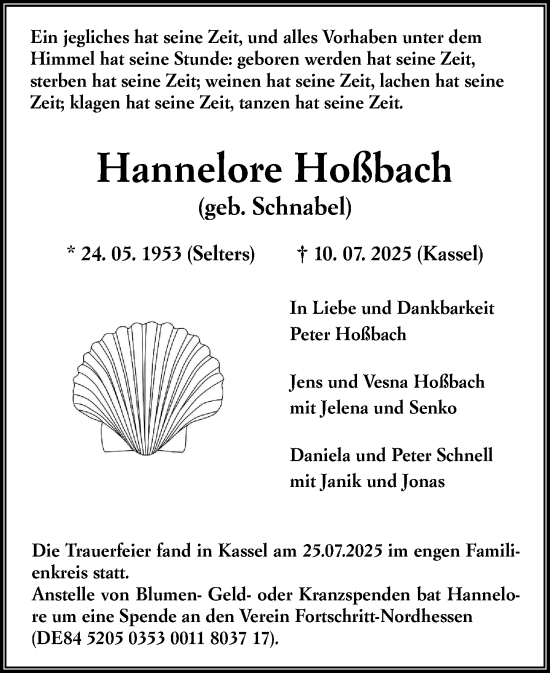 Traueranzeige von Hannelore Hoßbach von Weilburger Tageblatt