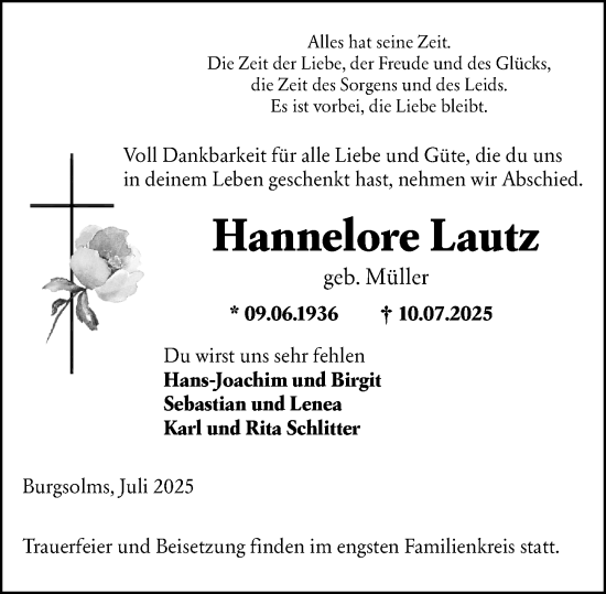 Traueranzeige von Hannelore Lautz von Wetzlarer Neue Zeitung