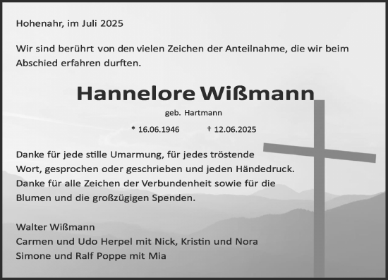 Traueranzeige von Hannelore Wißmann von Wetzlarer Neue Zeitung