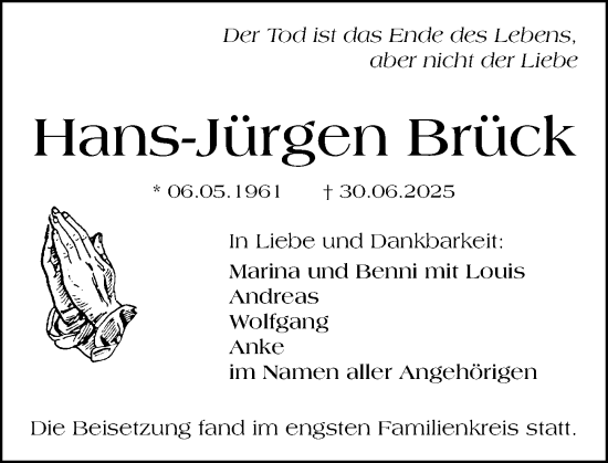 Traueranzeige von Hans-Jürgen Brück von Wetzlarer Neue Zeitung
