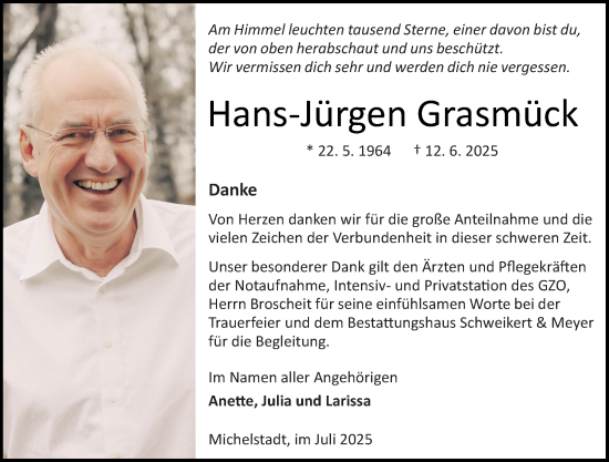 Traueranzeige von Hans-Jürgen Grasmück von Odenwälder Echo