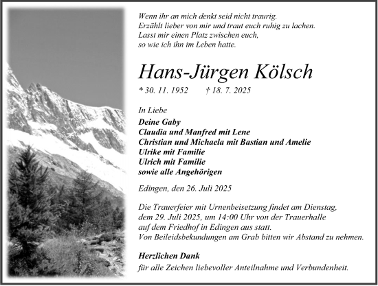 Traueranzeige von Hans-Jürgen Kölsch von Dill Block