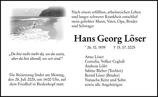 Traueranzeige von Hans Georg Löser von Hinterländer Anzeiger