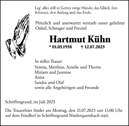 Traueranzeige von Hartmut Kühn von Wetzlarer Neue Zeitung