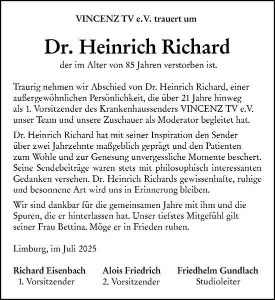 Traueranzeige von Heinrich Richard von Nassauische Neue Presse
