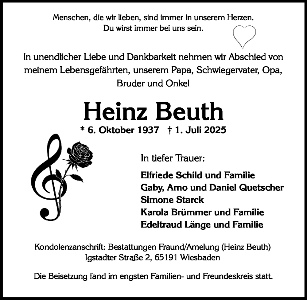  Traueranzeige für Heinz Beuth vom 26.07.2025 aus Wiesbadener Kurier