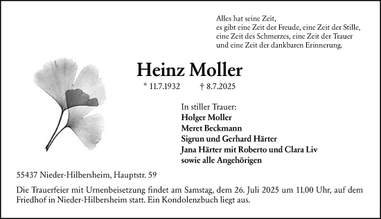 Traueranzeige von Heinz Moller von Allgemeine Zeitung Rheinhessen-Nahe