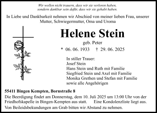 Traueranzeige von Helene Stein von Allgemeine Zeitung Rheinhessen-Nahe