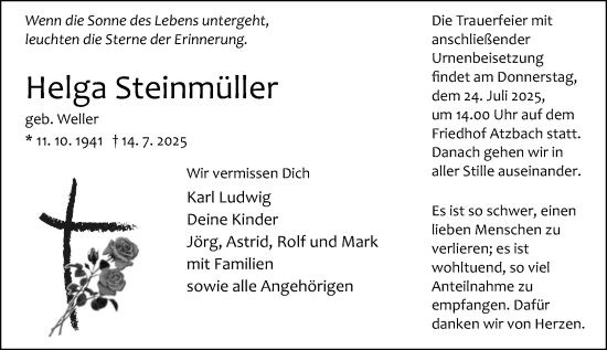 Traueranzeige von Helga Steinmüller von Wetzlarer Neue Zeitung