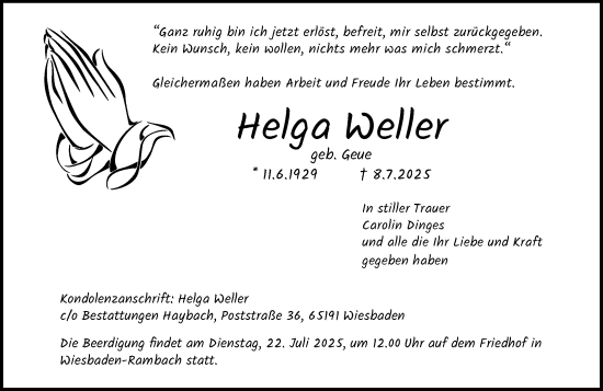 Traueranzeige von Helga Weller von Wiesbadener Kurier
