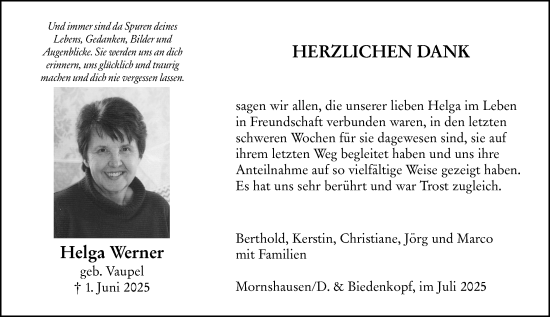 Traueranzeige von Helga Werner von Hinterländer Anzeiger