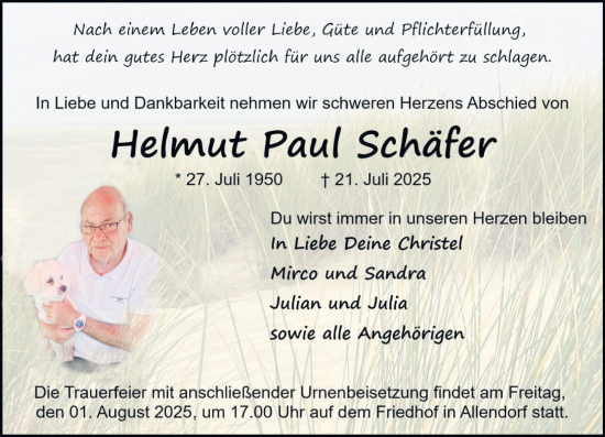 Traueranzeige von Helmut Paul Schäfer von Weilburger Tageblatt