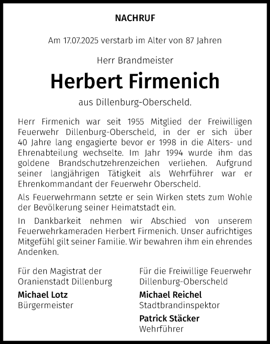 Traueranzeige von Herbert Firmenich von Dill Block