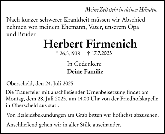 Traueranzeige von Herbert Firmenich von Dill Block