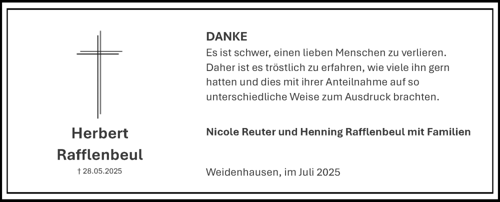  Traueranzeige für Herbert Rafflenbeul vom 28.07.2025 aus Hinterländer Anzeiger