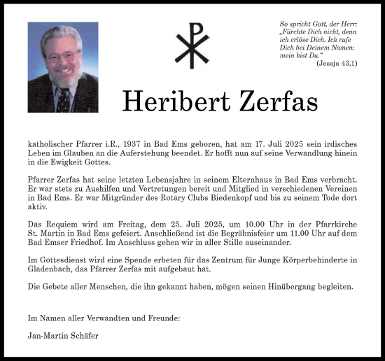 Traueranzeige von Heribert Zerfas von Hinterländer Anzeiger
