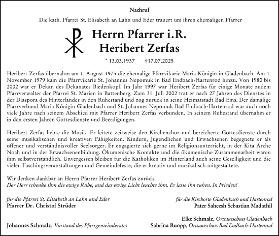 Traueranzeige von Heribert Zerfas von Hinterländer Anzeiger