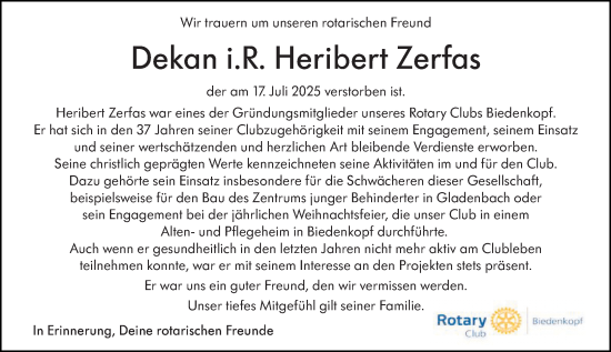 Traueranzeige von Heribert Zerfas von Hinterländer Anzeiger