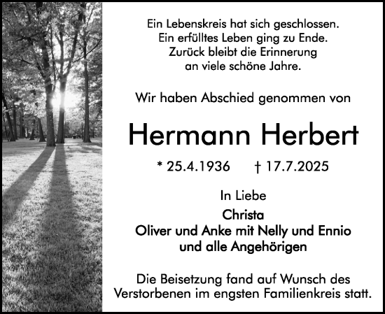 Traueranzeige von Hermann Herbert von Darmstädter Echo