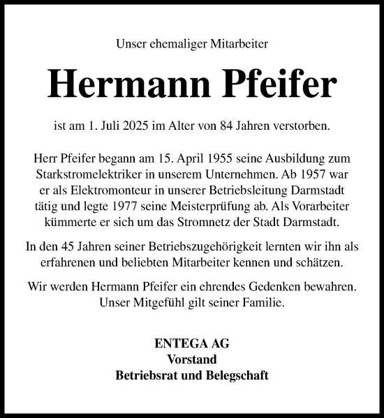 Traueranzeige von Hermann Pfeifer von Odenwälder Echo