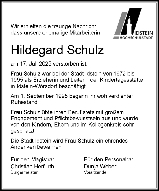 Traueranzeige von Hildegard Schulz von Idsteiner Land/Untertaunus